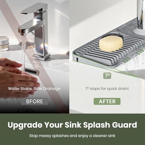 2PCS 24 Inch Faucet Mat for Kitchen Sink, Silicone Splash Guard for Kitchen Sink Area, 7° Slope Fast Self-Draining Sink Mat, Cuttable Hole Design, Sink Backsplash Guard Draining Mat, Dark Grey - Image 3