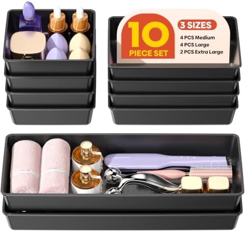 10 Pack Large Size Plastic Drawer Organizers Set, 3 Sizes Desk Drawer Organizer Trays, Storage Bins for Vanity, Makeup, Bathroom, Kitchen Utensils and Office (Black) by Unknown