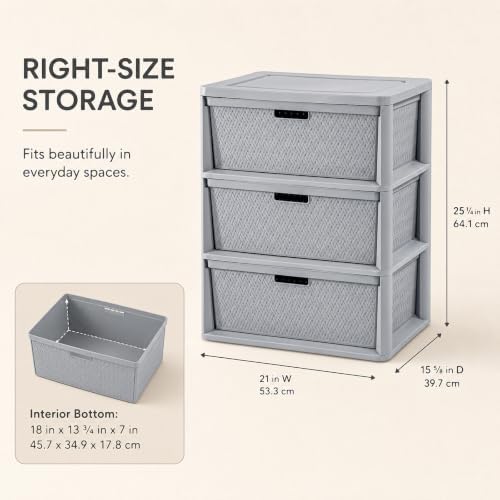 Wide 3-Drawer Plastic Storage Tower, Decorative Organizer Chest, Gray - Image 2