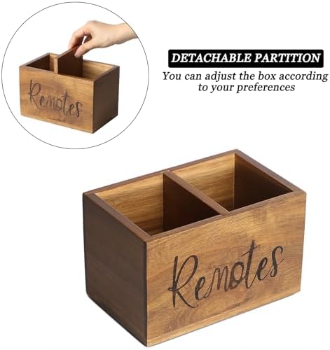 LBEMEY Acacia Wood TV Remote Holder, Caddy and Organizer for Table, Vintage Farmhouse Desk Caddy (Brown, 4+ Remotes) - Image 5