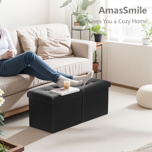 AmasSmile Footrest Ottoman Storage Bench,34" Leather Folding Chest,Black - Image 5