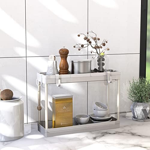 Simple Houseware 2-Tier Under Sink Organizer Storage Tray with Hooks, White - Image 4