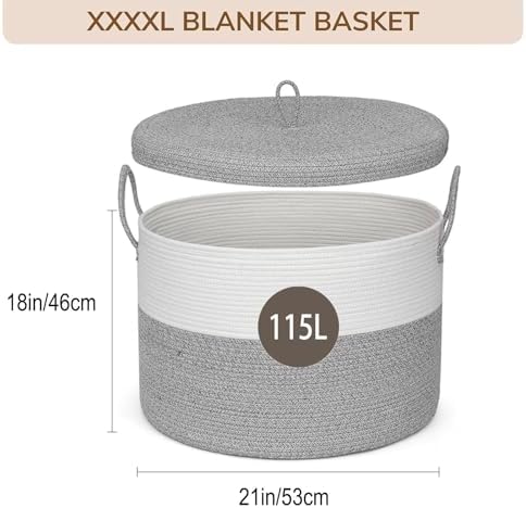 21" x 18" Extra Large storage baskets,Decorative blanket basket with lid for Living room,rope baskets with lid,wicker hamper for bedroom,Big,Round,White & Grey 115L - Image 2