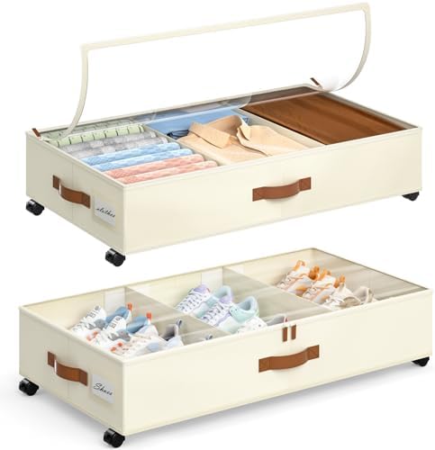 Yecaye Under Bed Storage with Wheels, 2 Pack Under Bed Storage Containers with Adjustable Dividers & Clear Lid, Rolling Underbed Organizer Bins Drawer for Clothes, Shoes, Blankets(30.3 x 16 x 6.7in) by Yecaye