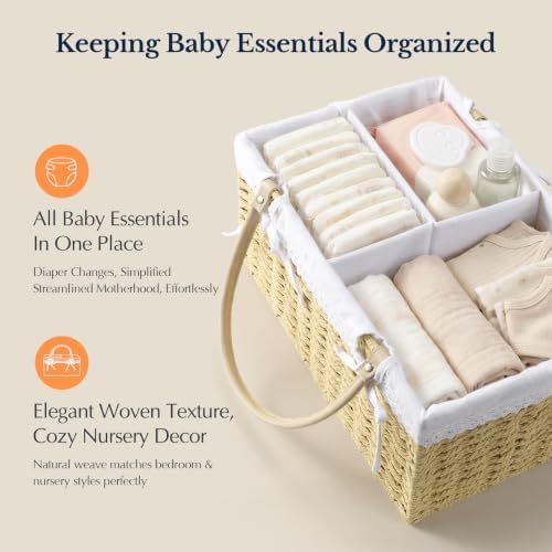 Yecaye Large Baby Diaper Caddy Organizer, Paper Rope Storage Baskets, Khaki - Image 3