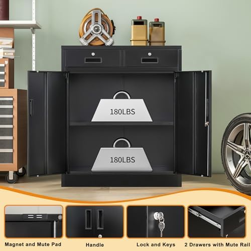 Wanfu Metal Storage Cabinet, 36" H Locking Storage Cabinet with 2 Drawers and Adjustable Shelf, Metal Cabinets for Office, Garage, Home-Black - Image 4