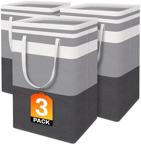 BlissTotes 3-Pack Laundry Basket, Collapsible Laundry Hamper, Grey, 75L by BlissTotes