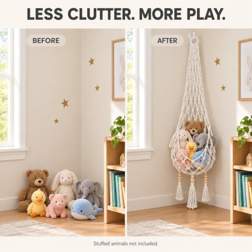 Stuffed Animal Hammock, 5 FT Boho Macrame Toy Storage Net with Wall & Adhesive Hooks, Cotton Plush Toy Organizer for Nursery, Kids Room, Playroom, Cream - Image 2
