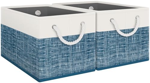 Fab totes Storage Bins 2-Pack, Foldable Storage Baskets for Organizing Toys, Books, Shelves, Closet, Large Storage Box with Rope Handles, Sturdy Organizer Bins, White & Blue by Fabtotes