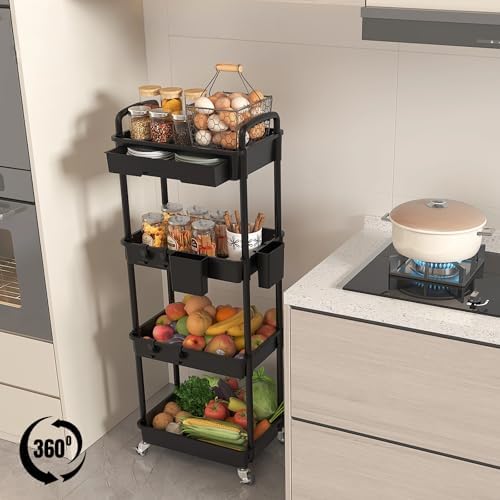 4 Tier Rolling Utility Cart with Drawer, Plastic Storage Organizer Rolling Carts with Wheels Handles Hanging Cups Hooks for Office, Bathroom, Kitchen,Craft Art Room (Black) - Image 4