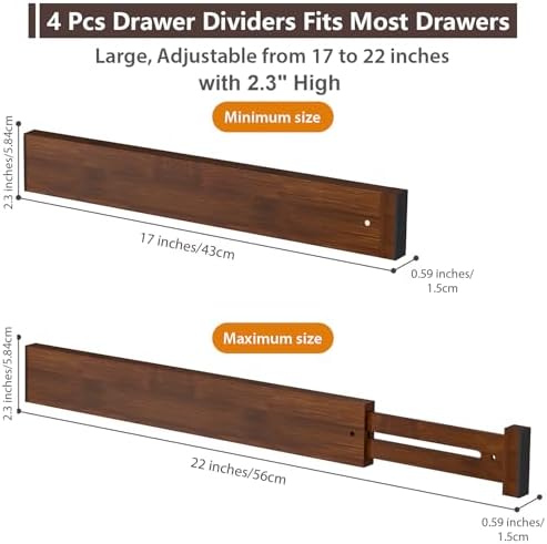 4 Pack Bamboo Drawer Dividers 17-22" Adjustable Kitchen Organizer, Mocha - Image 2