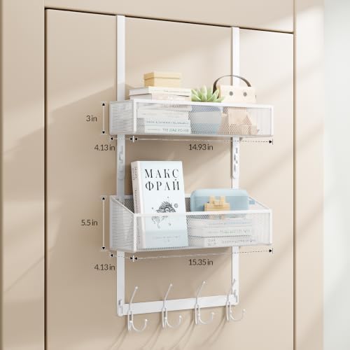 BAKON Over-the-Door Storage Organizer, Heavy-Duty Behind Door Rack with 2 Mesh Baskets & 4 Hooks for Towels Coats Keys, Space Saving for Bathroom Bedroom Kitchen Office, White - Image 2