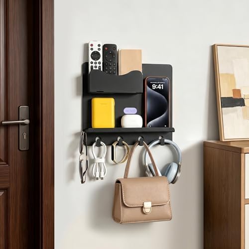 Bedside Shelf Wall Mount, Adhesive Bedside Shelf Accessories Organizer with Hooks and Cable Clips,Dorm Bedside Wall Storage for Phone, Remote, Earphone,Plastic (Black) - Image 5