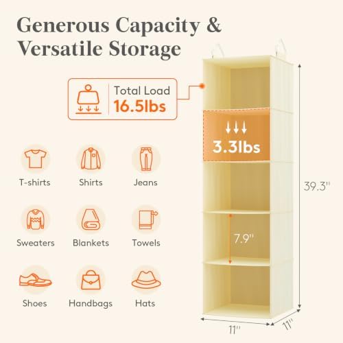 Lifewit 5 Tier Hanging Closet Storage Organizer for Shelves, Beige, 2 Pack - Image 3