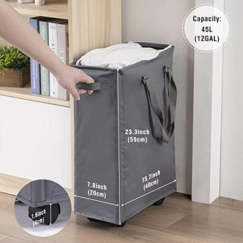 45L Slim Rolling Laundry Basket with Wheels & Adjustable Long Handles, Grey - Image 2