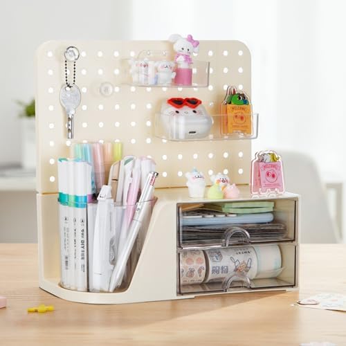 Comix Desk Organizer with 2 Drawer, Beige 360° Rotating Pen Holder for Desk - Image 5