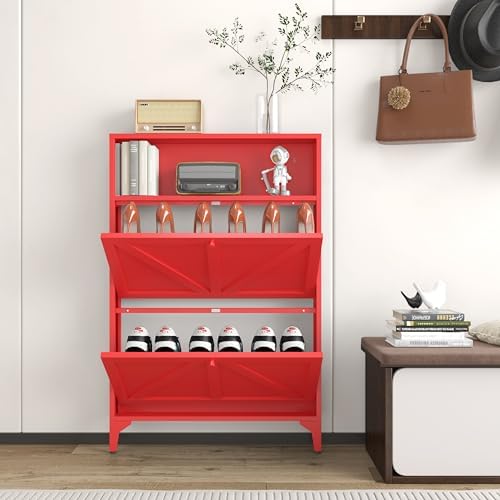 Shoe Cabinet with 2 Flip Drawers, Narrow Shoe Storage Cabinet, Farmhouse Shoe Organizer, Freestanding Organizer with Metal Legs for Entryway, Foyer (Red, 2 Door) - Image 2