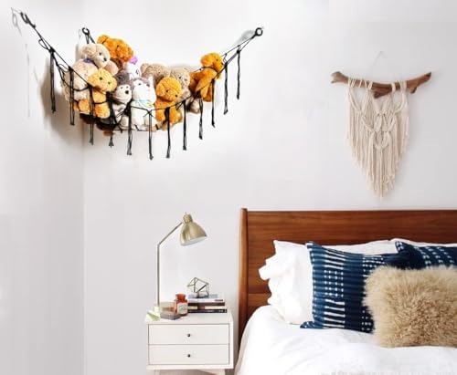 YKBU Stuffed Animals Hammock Corner Hanging Net Macrame Stuffed Animal Storage Plush Toy Holder Toy Organizer for Boho Nursery Playroom Bedroom Kids Room (black, Large) - Image 2