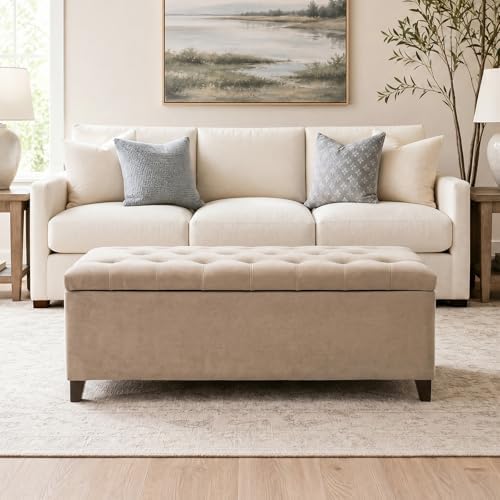 Madison Park 49" Upholstered Storage Bench, Button Tufted End of Bed Bench with Storage, Dual Spring Soft-Close Lid, Bedroom Bench for Queen King Bed, Entryway Living Room, Sand - Image 2