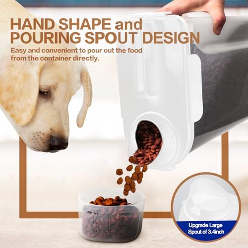 TIOVERY Dog Food Storage Container, 5-7 Lbs Airtight Pet Food Container, Cat food Container Dispenser with Portable Handle, Pouring Spout, Measuring Cup and a Collapsible bowl for Dogs Cats White/6Qt - Image 2