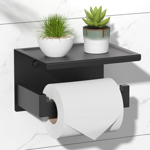 HITSLAM Toilet Paper Holder with Shelf, Stick on Matte Black Toilet Paper Roll Holder, Self Adhesive or Wall-Mount with Screws for Bathroom,Washroom by HITSLAM