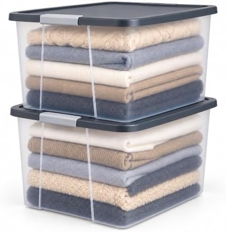 HOMZ Clear Plastic Storage Bin with Secure Latching Gray Lid, 64 Qt, 2 Pack by Homz