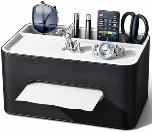 PU Leather Tissue Box Cover Rectangular with Storage Organizer Tray, Multifunctional Remote Control Holder, Desk Organizer for Living Room, Bedroom, Office, Decorative Tissue Holder Black by KingfomLeatherHomeOfficeDecor