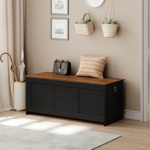 HOOBRO 47.2" Large Storage Bench, Retro Storage Chest with Safety Hinge, Wooden Storage Trunk, Toy Chest with Lift Top for Bedroom, Living Room, Entryway, Black and Walnut BH412CW01 - Image 5