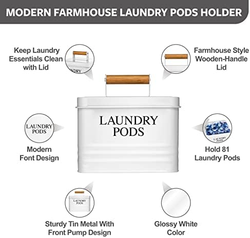Calindiana Modern Farmhouse Metal Laundry Pods Holder Container with Lid for Laundry Room Decor and Accessories and Space Saving Organization and Storage, Holds 81 Laundry Pods, White - Image 2