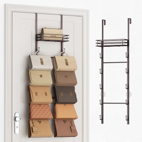 SWTYMIKI Over the Door Purse Organizer - Wall Mounted Handbag Organizer with 10 Hooks and Metal Basket, Hanging Purse Storage Rack Holds up to 10 Bags, Bag Rack Can Use As 1/2 Part, for Door, Closet by SwtyMiki-TidyHomeSweetLife