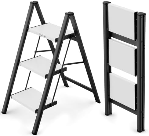 WOA WOA 3 Step Ladder, Foldable Step Stool, 300lbs Load, Black & White by WOAWOAHOME