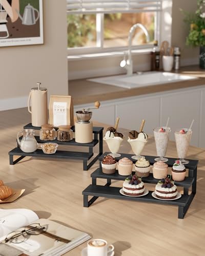 SONGMICS Display Risers, Set of 2 Engineered Wood Perfume Organizer Stand, 3-Tier Cupcake Stand Holder, Spice Rack, Shelf Risers for Figures, Dessert Shelves, Ebony Black and Ink Black UKCS116B01 - Image 3