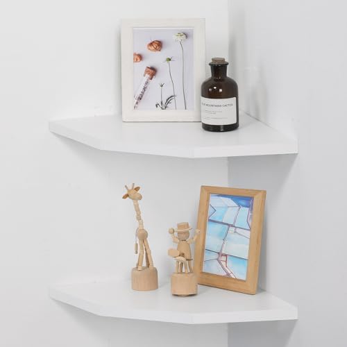 Corner Wall Shelves Set of 2, Rustic Wood Corner Floating Shelves with Cable Raceway, Wall Mount Storage Display for TV Accessories, Baby Monitor, Speaker, Cable Box (White, Diamond- 10 Inch) - Image 2