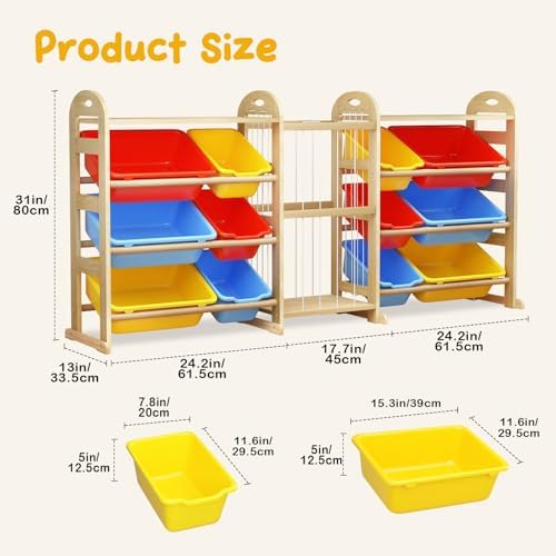 Toy Storage Organizer with Stuffed Animal Storage, 66.1"W Multi Color, 2-Shelf Bookcase / Bookshelf with 12 Toy Bins, Large Toy Organizers and Storage, Toy Box for Playrooms, Bedrooms Organization - Image 3