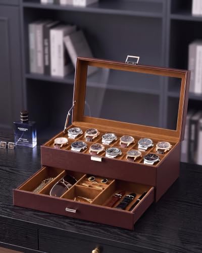 Lolalet Watch Case for Men, 12 Slot Mens Jewelry Box with Drawer Glass Lid - Image 6