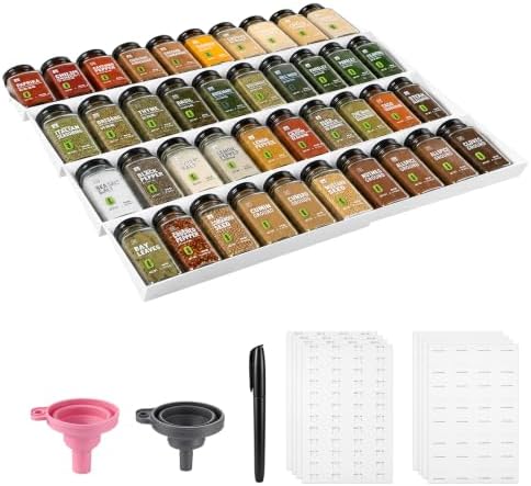 Spice Drawer Organizer, 4-Tier Spice Rack for Drawer Fits 11.8-22.8 in Wide, Expandable Seasoning Organizer with 2 Silicone Funnels and 160 Labels for Kitchen Cabinet Organization, White by Unknown
