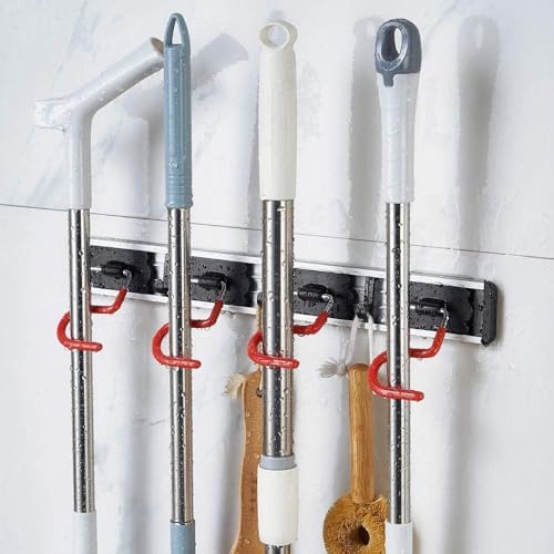 Wall Mounted Mop and Broom Holder, Stainless Steel, Red Black, 34 Inches, 8 Position Rack with 6 Hooks, S Type Organizer - Image 4