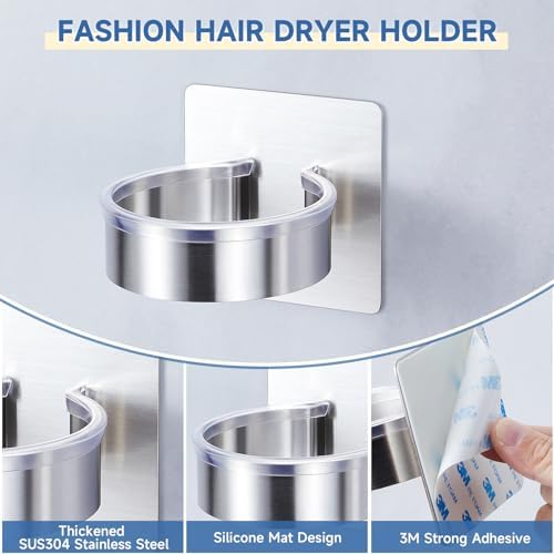 Hair Dryer Holder Wall Mounted, Blow Dryer Holder, Hair Tool Organizer for Hair Dryer Storage Hanger, Adhesive Hairdryer Holder for Bathroom Barber Shop (Silver) - Image 3