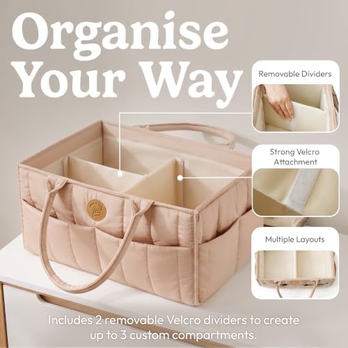 Baby Diaper Caddy Organizer - Portable Diaper Caddy with Handles & Removable Dividers - Large & Quilted Nursery Storage Basket for Girls - Changing Table Bag for Car - Gift for Baby Shower - Pink Sand - Image 6