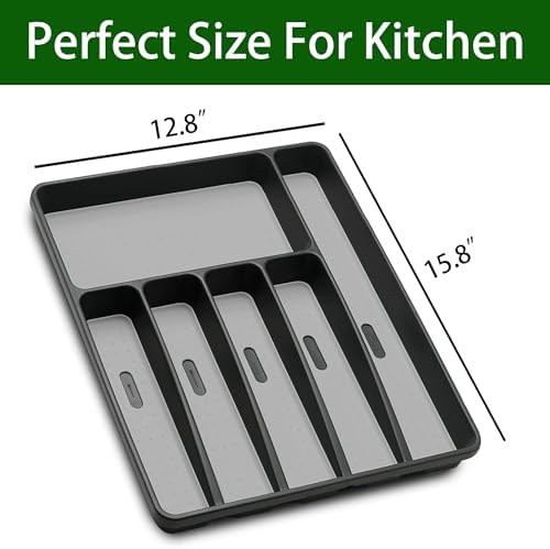 Loyareal Silverware Organizer Utensil Organizer Holder Kitchen Drawer Organizer Plastic Silverware Tray for Drawer Flatware Organizer 6 Compartment Black - Image 3