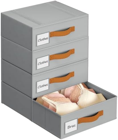 DIMJ Underwear Drawer Organizer, Stackable Bra Organizer for Closet 4 Pack, Bra Storage With Fabric Storage Drawers, Collapsible Closet Organizers for Clothes, Socks, Bra, Scarf, Baby Clothes, Gray by DiMJ