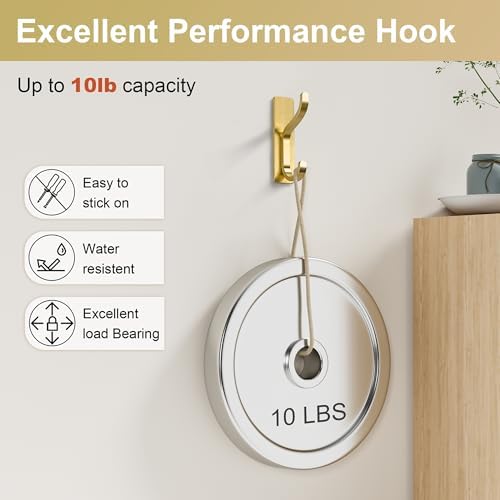 Adhesive Wall Hooks for Towel/Coat,13Lb Strong Stick-On Hooks, Gold 6 Pack - Image 3