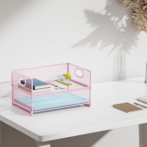 Marbrasse 2 Tier Paper Organizer Letter Tray, Mesh File Organizer with Handle, Paper Sorter Desk Organizer for Home Office Supplies - Pink - Image 6