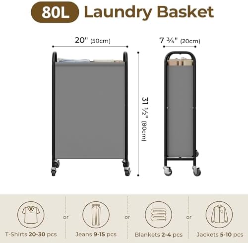 GRANNY SAYS Laundry Hamper, Slim Basket with Wheels and Handles, Grey, 80L - Image 2