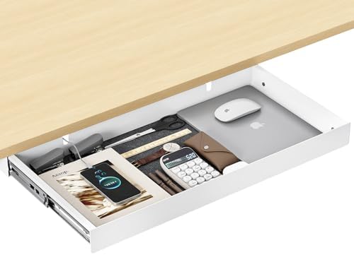 Under Desk Drawer,20.1 inch Carbon Steel Slide-Out Under Table Storage Organizer With Full Extension Ball-Bearing Slides,Undermount Drawer For Standing Desk & Home Office,White by ERGOCOLLECT