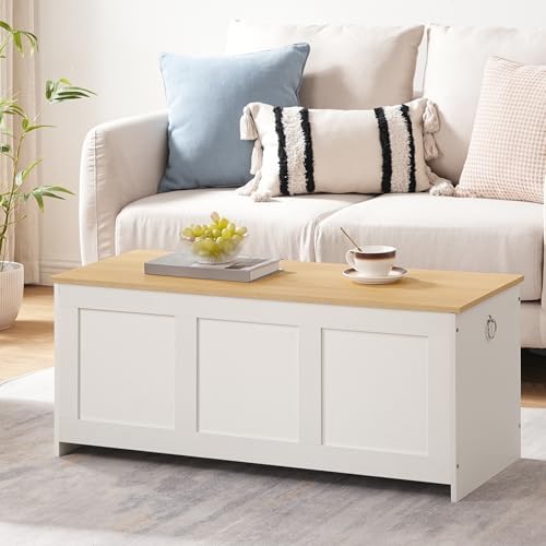 HOOBRO Storage Bench, 39.3" Retro Wooden Storage Chest, Wooden Storage Trunk, Toy Chest with Lift Top, Multifunctional Entryway Organizer, for Entryway, Living Room, White and Natural WN141CW01G1 - Image 4