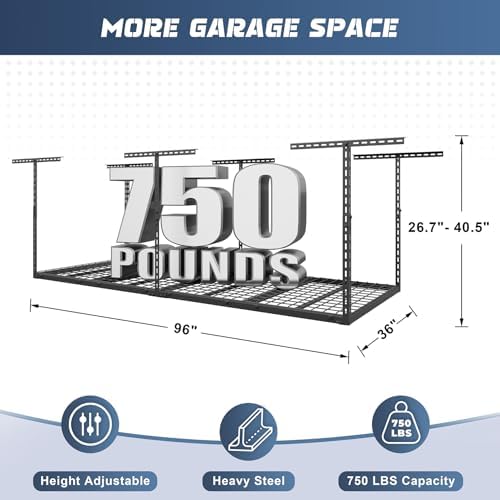 3X8FT Overhead Garage Storage Rack 750LBS Capacity, 26"-40" Height Adjust - Image 2