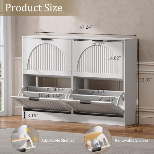 Fluted Shoe Storage Cabinet for Entryway, 4 Flip Drawers, White - Image 2