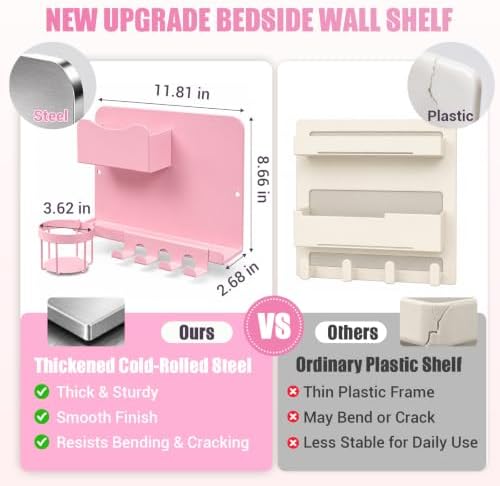 Floating Bedside Wall Shelf, Metal Wall Organizer with Detachable Cup Holde - Image 2