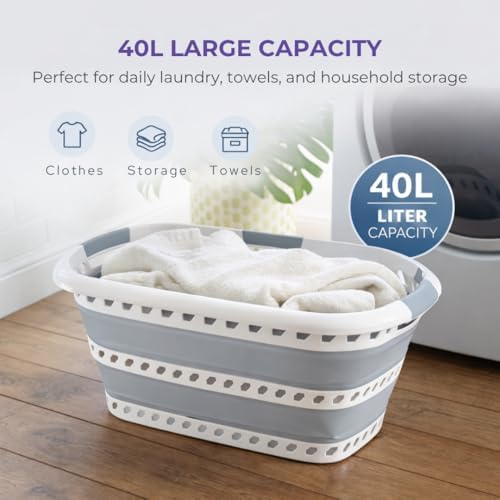 Laundry 360 Collapsible Laundry Basket 40L | Portable | Space Saver Storage | Hold 2 Loads | Store Under the Bed or Closet | Good for Kids | Dorm | Bedroom | Large | White/Grey - Image 3